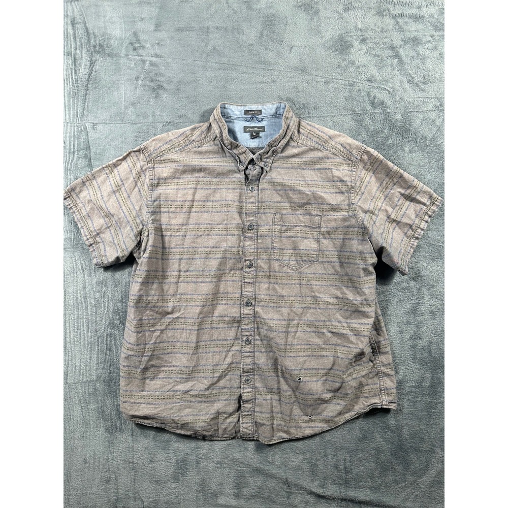 Eddie Bauer Mens 2XL Classic Fit Short Sleeve Button Down Striped Shirt Brown